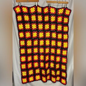 Vintage Handmade Granny Square Crochet Blanket Afghan Black Red Yellow 37x52